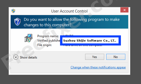 Screenshot where Suzhou Shijie Software Co., LTD appears as the verified publisher in the UAC dialog